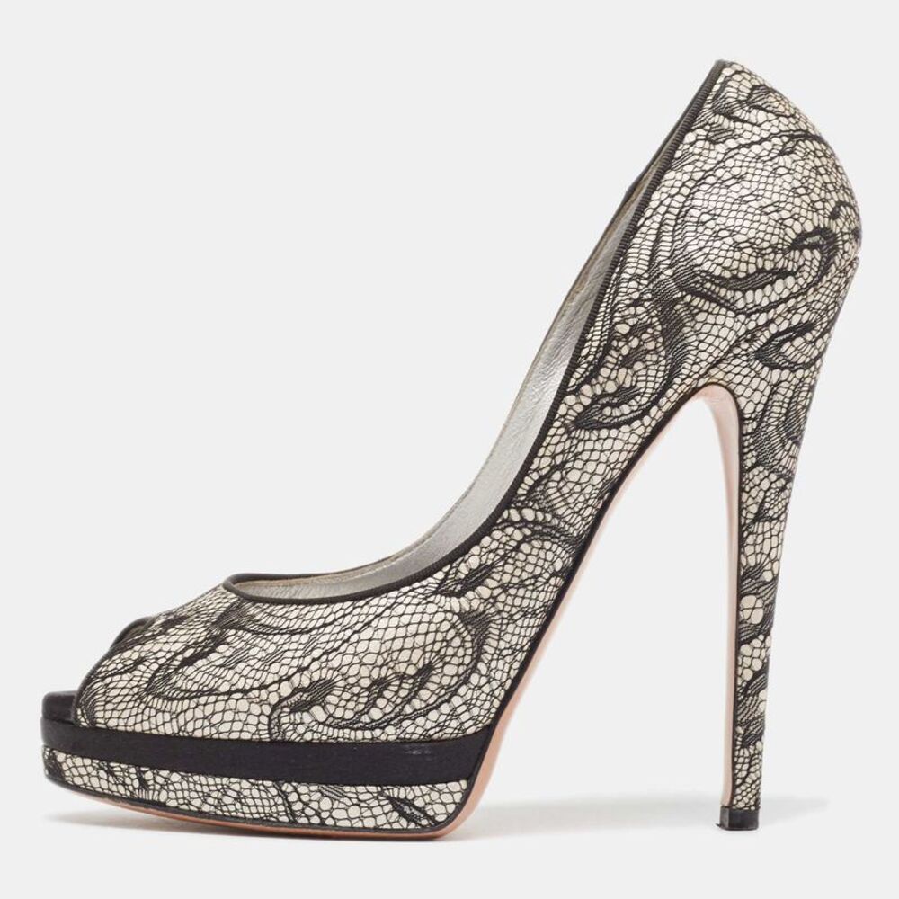 Casadei Two Tone Satin And Lace Peep Toe Platform Pumps Size 38.5